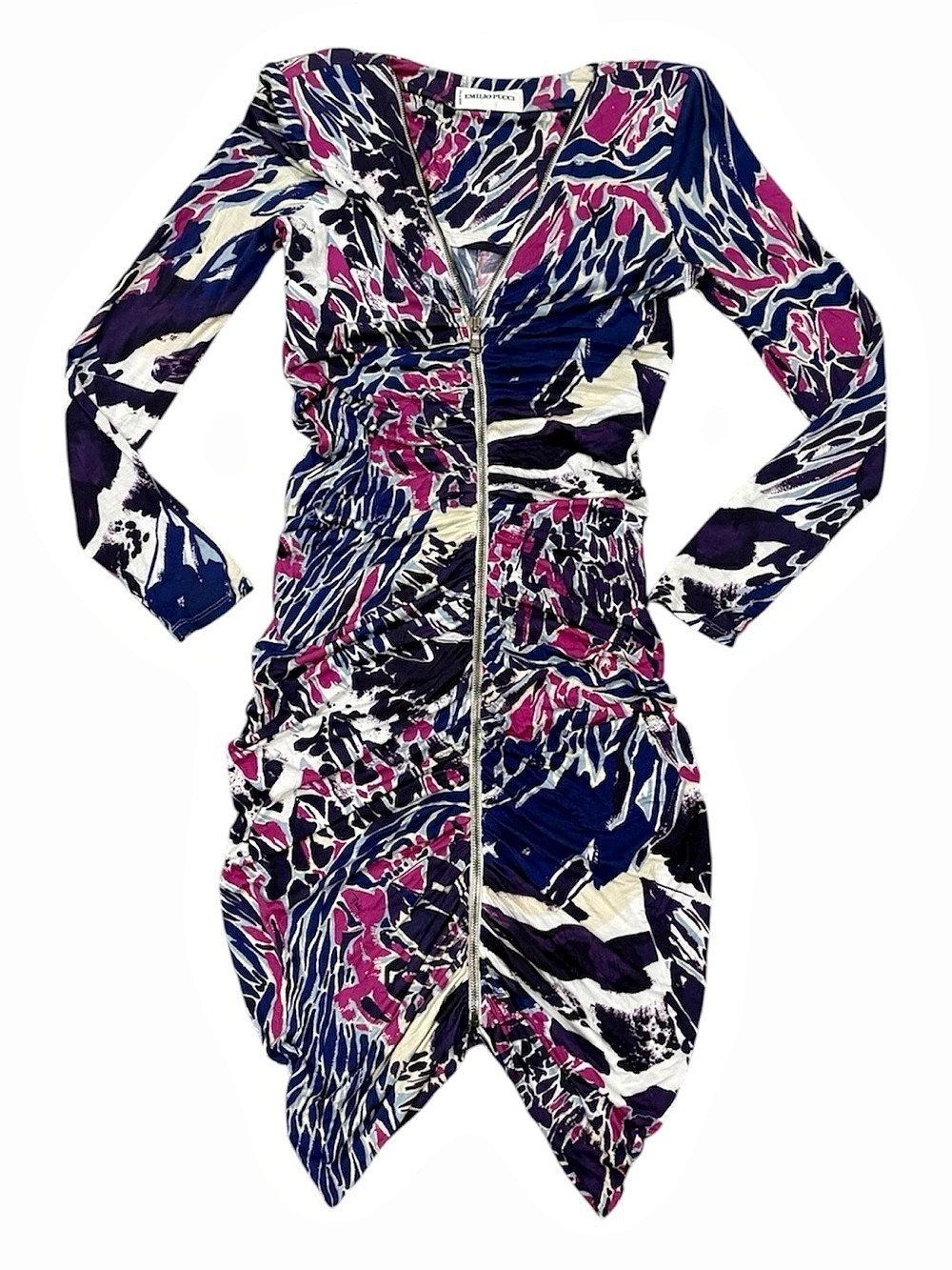 Emilio Pucci Animalier Print Ruched Full Zip Front Dress US 10 IT 44